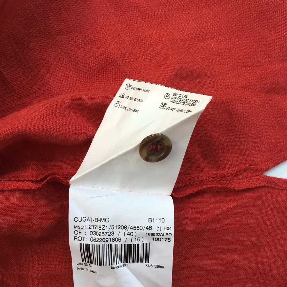 Burberry London Red 100% Linen Short Sleeve Button Down Shirt Nova Check Trim 46